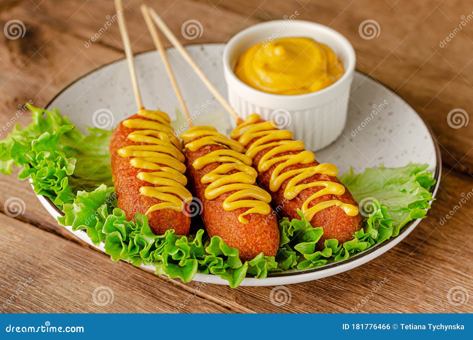 Deep Fried Corn Dogs on Wooden Background. Top View, Stock Photo