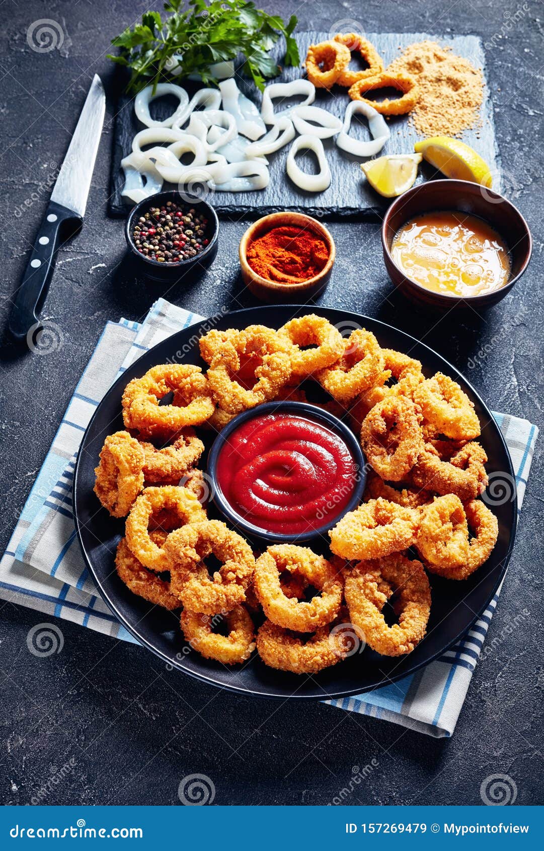 Deep Fried Crispy Calamari Rings, Vertical View Stock Image - Image of ...