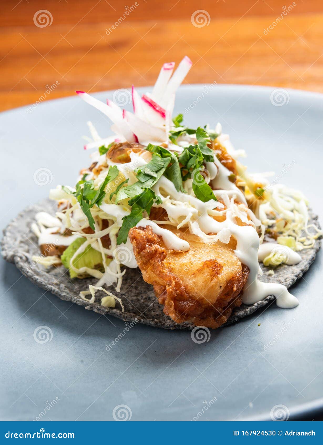 Deep Fried Fish Taco in a Black Corn Torilla Stock Photo Image of