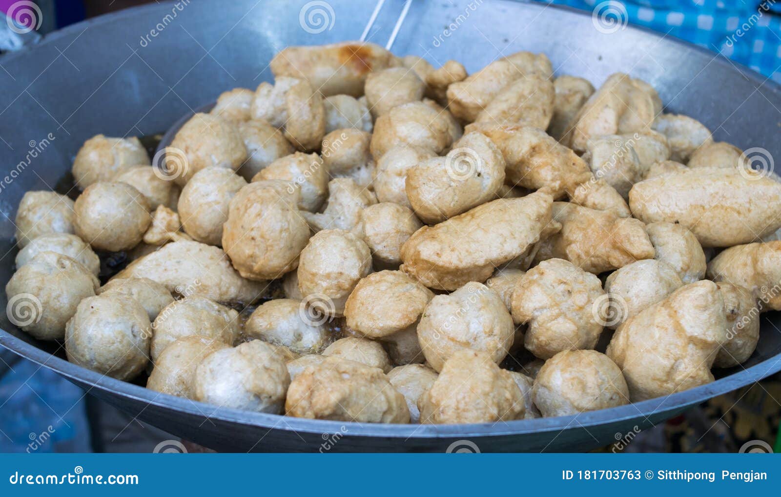Deep Fried Fishball Ball in the Hot Pan, Street Food in Thailand Stock