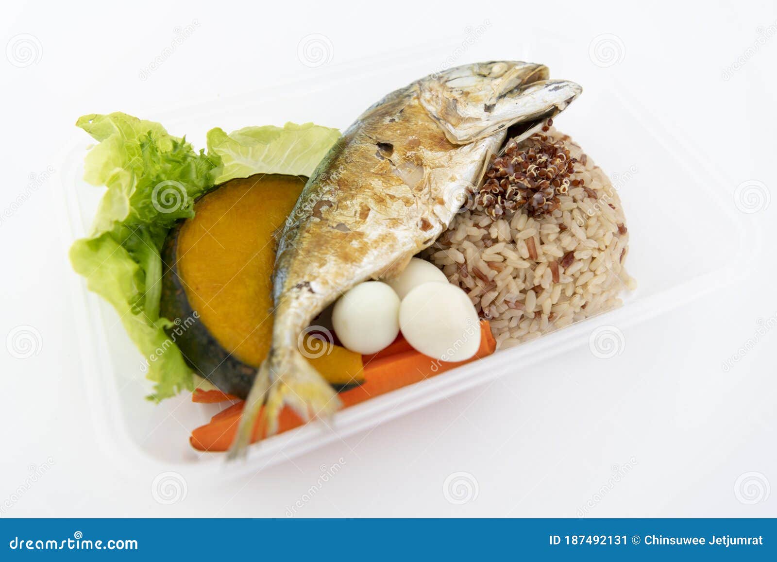 Deep Fried Mackerel with Rice and Boiled Vegetables in a Box. Isolate