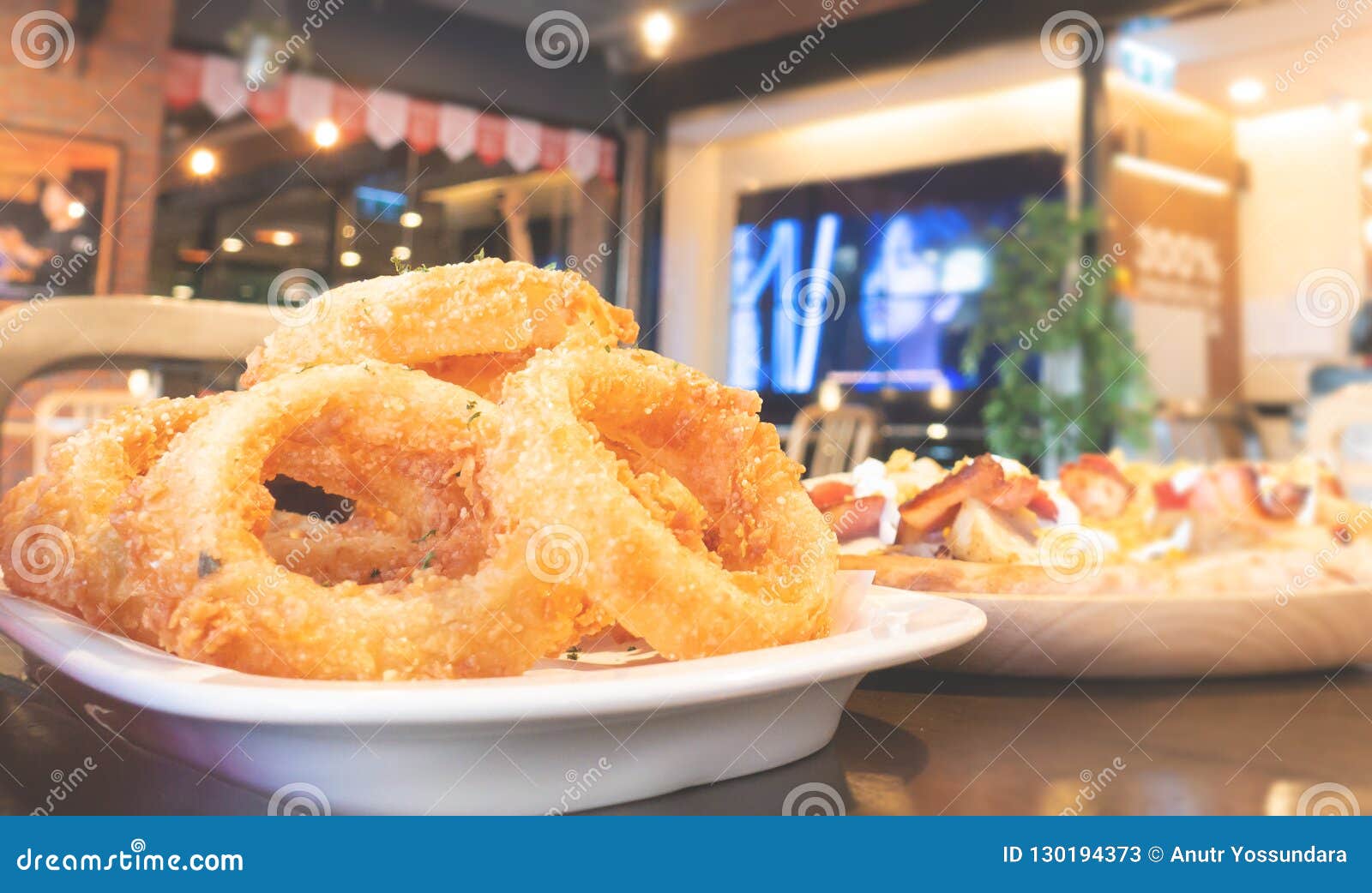 Deep Fried Onion Ring Serve Along with Pizza Stock Image Image of