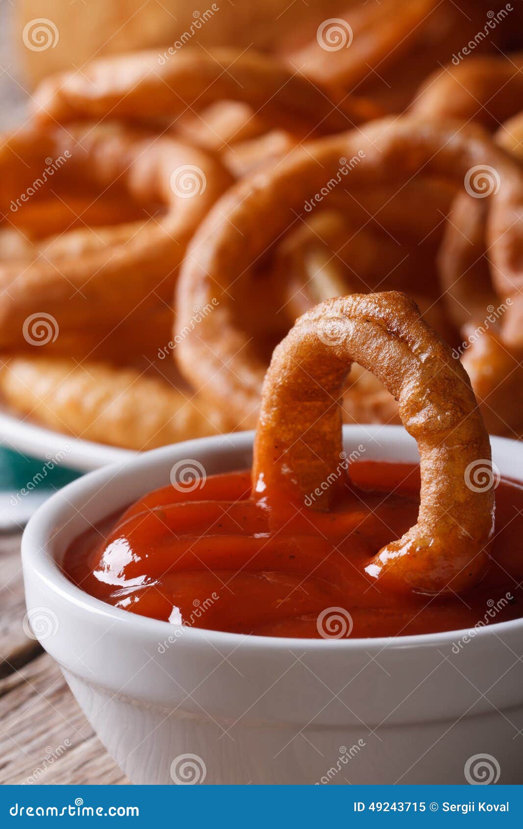 Deepfried Onion Rings with Ketchup Macro. Vertical Stock Image Image
