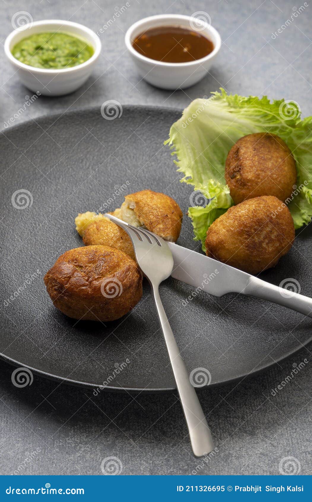 Deepfried Potato Bread Rolls with Sauces Stock Image Image of baked