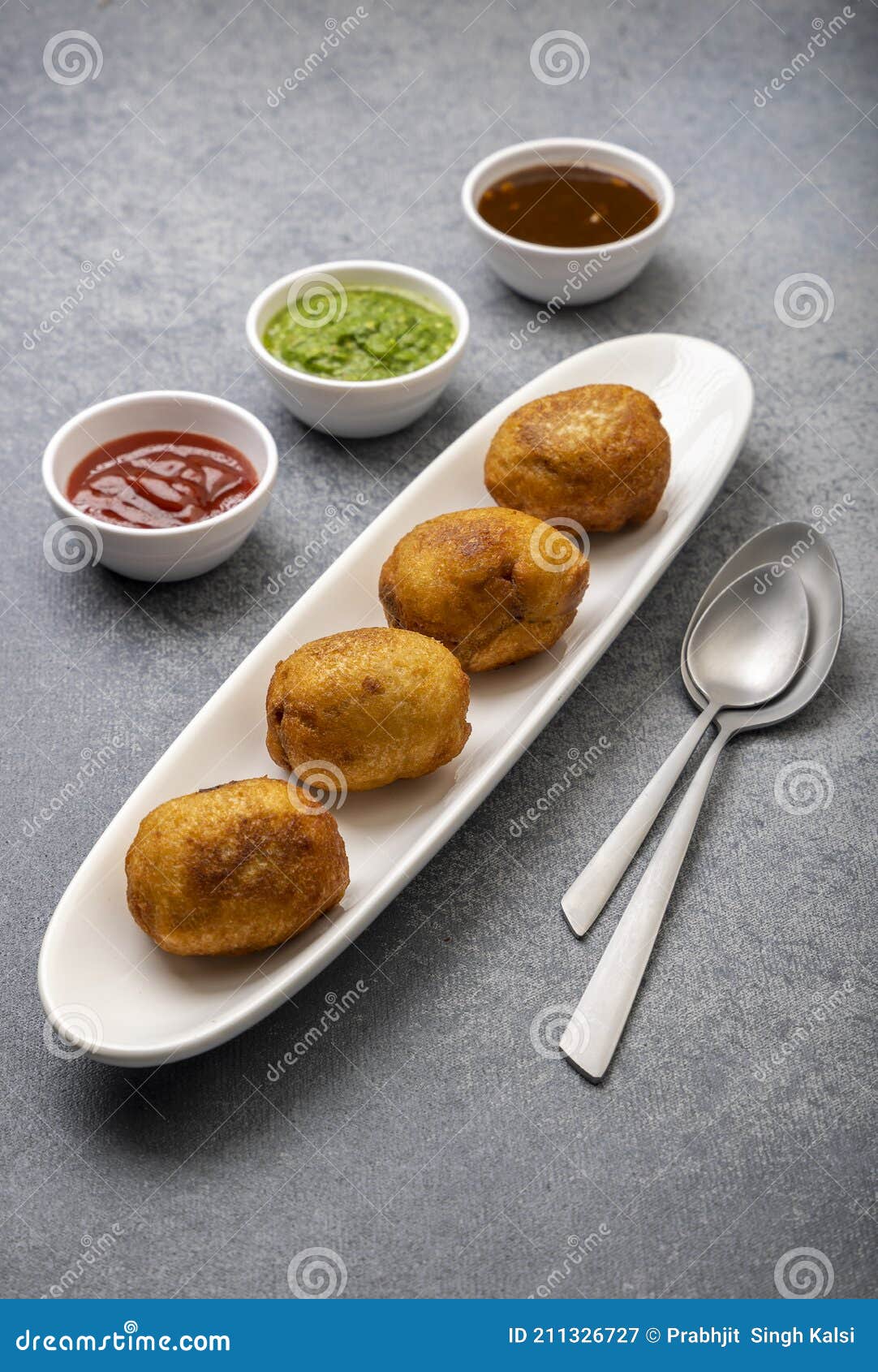 Deepfried Potato Bread Rolls with Sauces Stock Image Image of