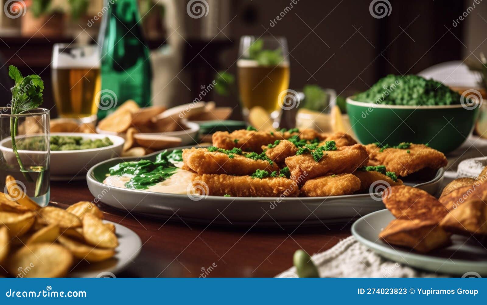 Deep Fried Pub Food on Rustic Wooden Table Generated by AI Stock Image