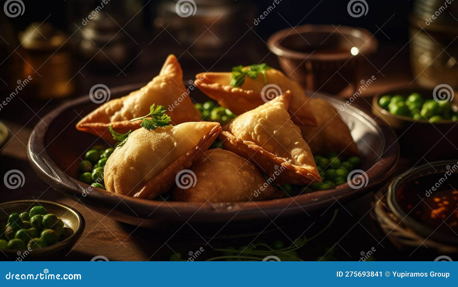Deep Fried Samosas on Rustic Crockery Plate Generated by AI Stock