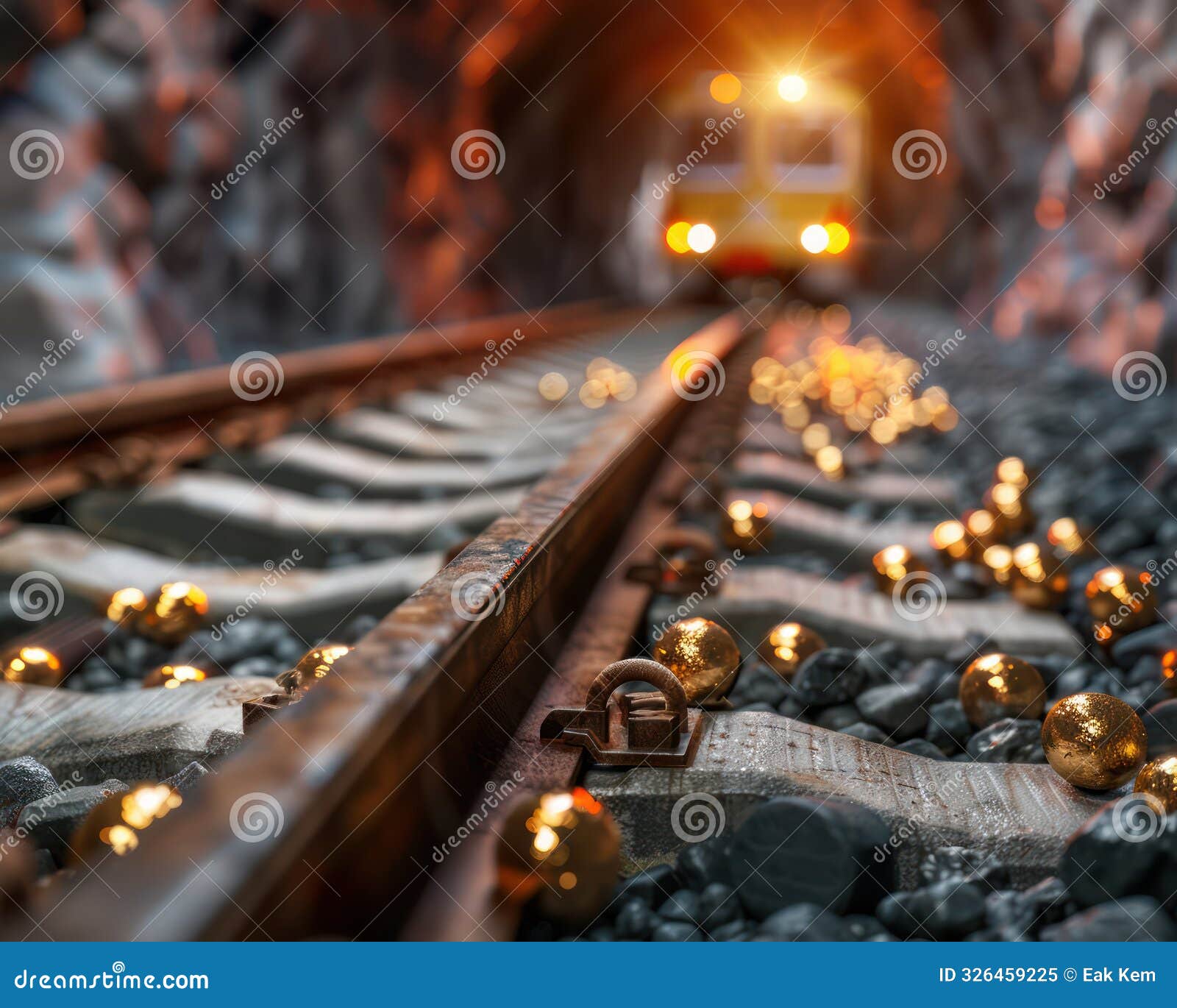 mining train tracks with gold ore, laborers performing essential production tasks in underground mine, industrial transportation,