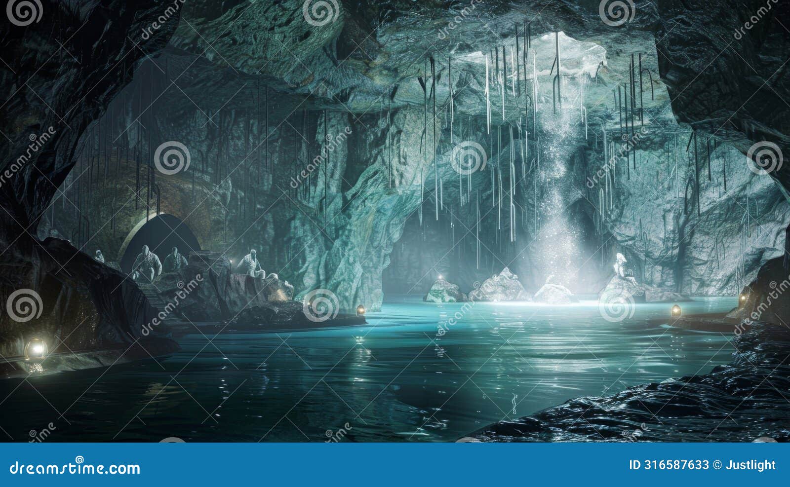deep within a hidden cave a group of elven waterwielders meditate channeling their combined energy to create a