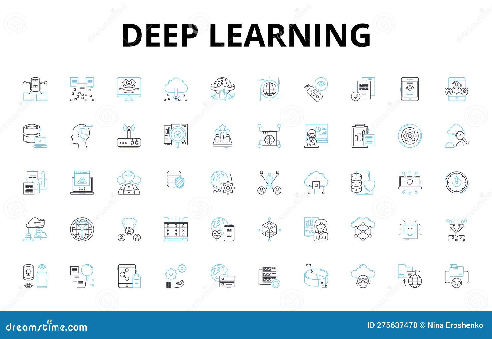 deep learning linear icons set. neural nerks, tensorflow, algorithms, big data, training, optimization, computer vision