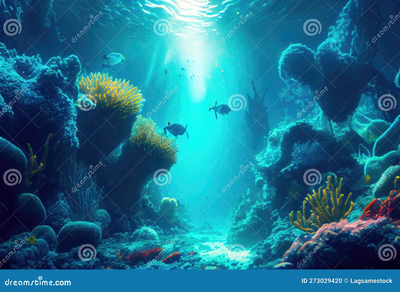 Deep Sea and Aquatic Life with Sunshine Background. Digital Art ...