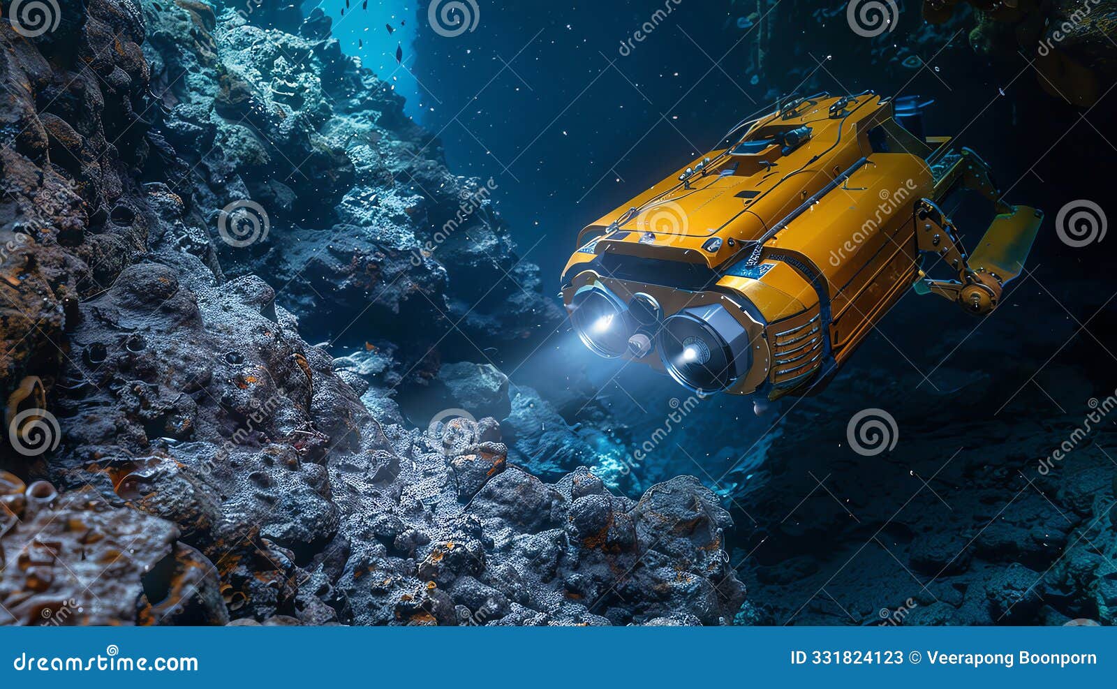 deep-sea exploration drone navigating the abyss, capturing rare marine life and geological formations with high-definition cameras