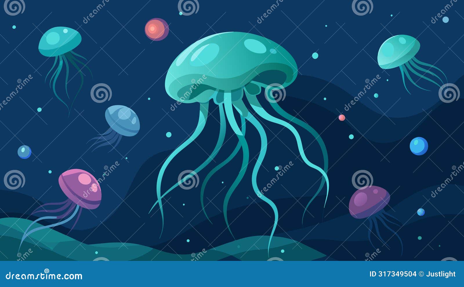 a deep and tranquil sea with bioluminescent jellyfish representing neurons gently floating and reconnecting with each