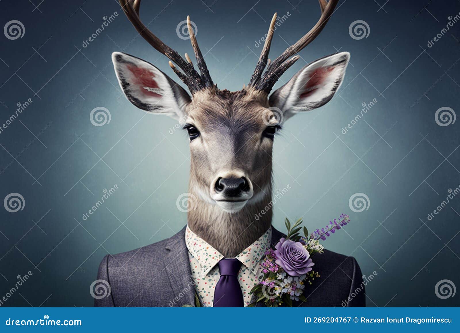 Deer Animal, Dressed in a Suit and Tie, Holding a Bouquet of Flowers ...