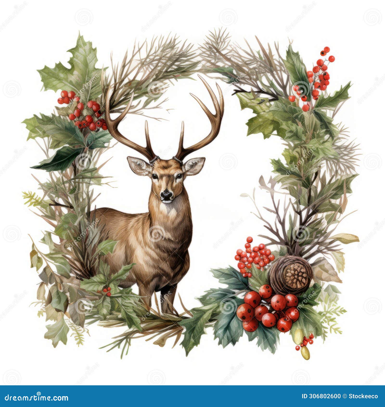 realistic watercolor wildlife clipart with forest wreath