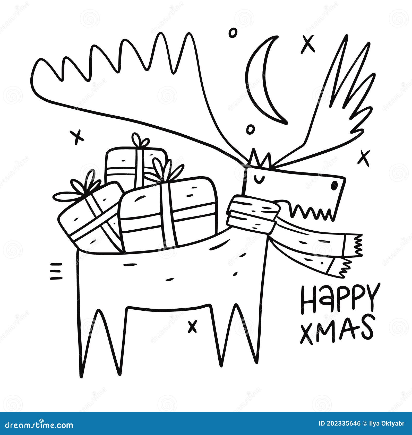 Deer with Gifts. Merry Christmas Card. Outline Draw Style Stock ...