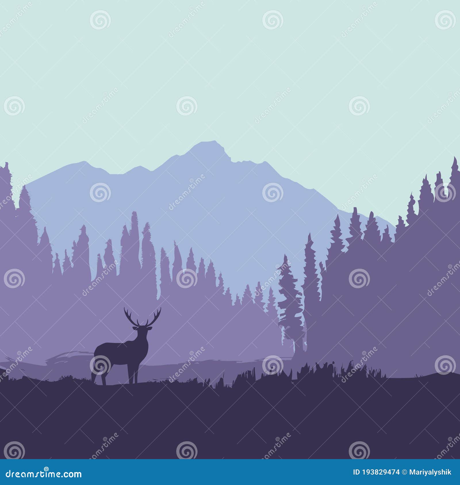 Deer Silhouette in Forest Near Mountains. Nature Landscape in ...