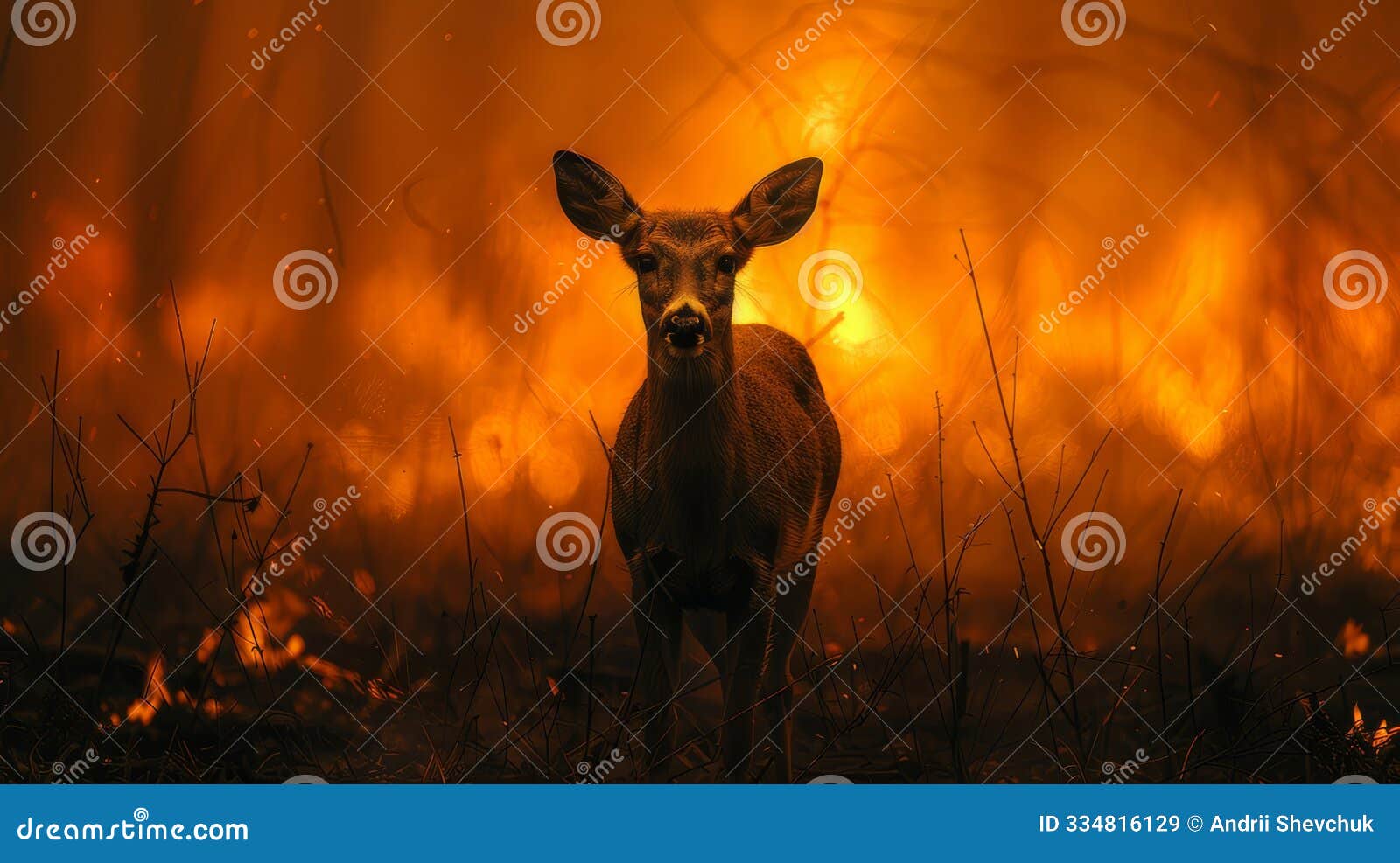 deer standing in a burning forest captured with 200mm lens