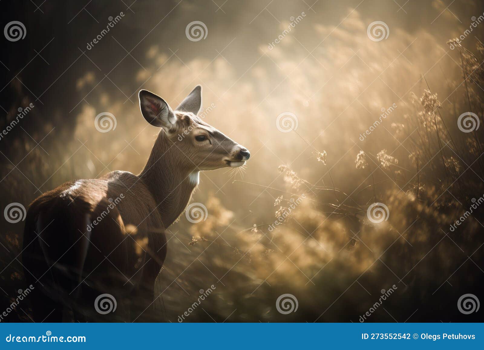 A Deer Standing in a Field of Tall Grass with the Sun Shining through
