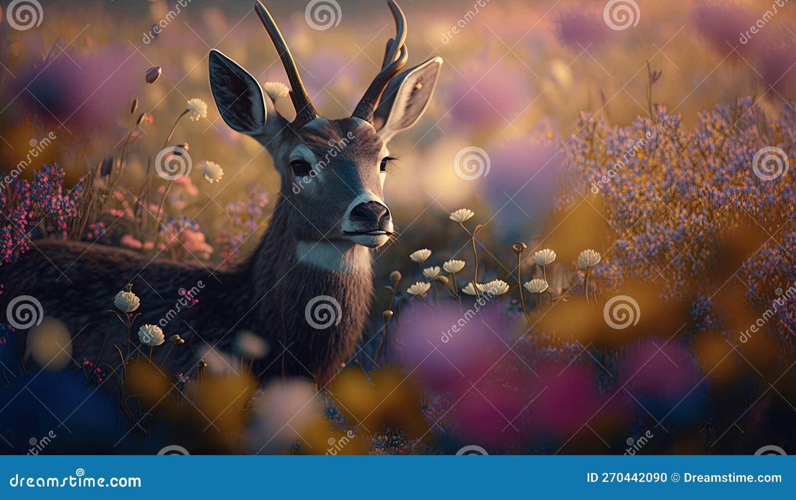 A Deer is Standing in a Field of Wildflowers. Stock Illustration