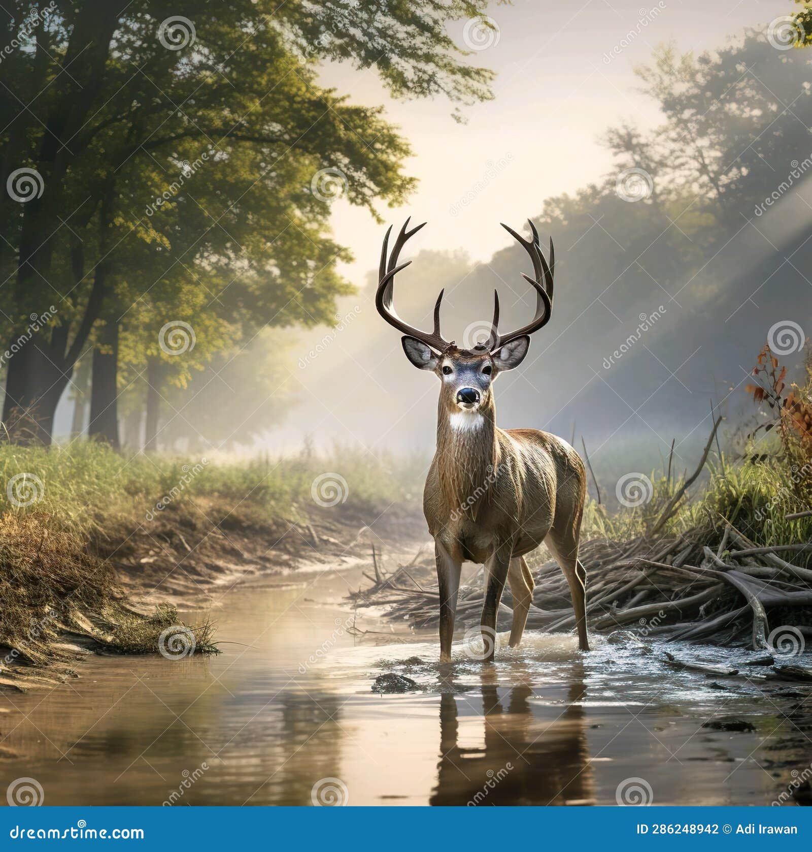 Deer Standing on the River in the Forest with the Sun Behind Him Stock