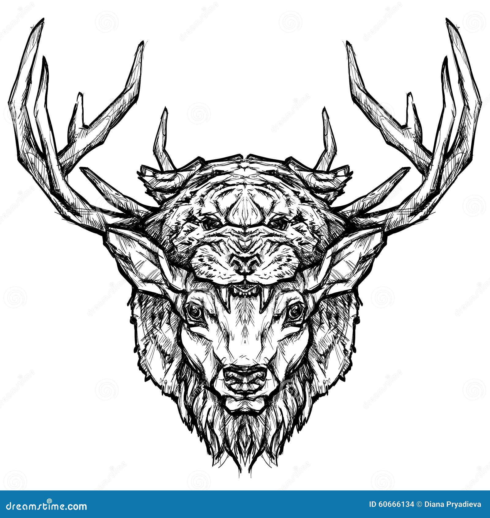 Black And White Deer Skull Tattoo Design