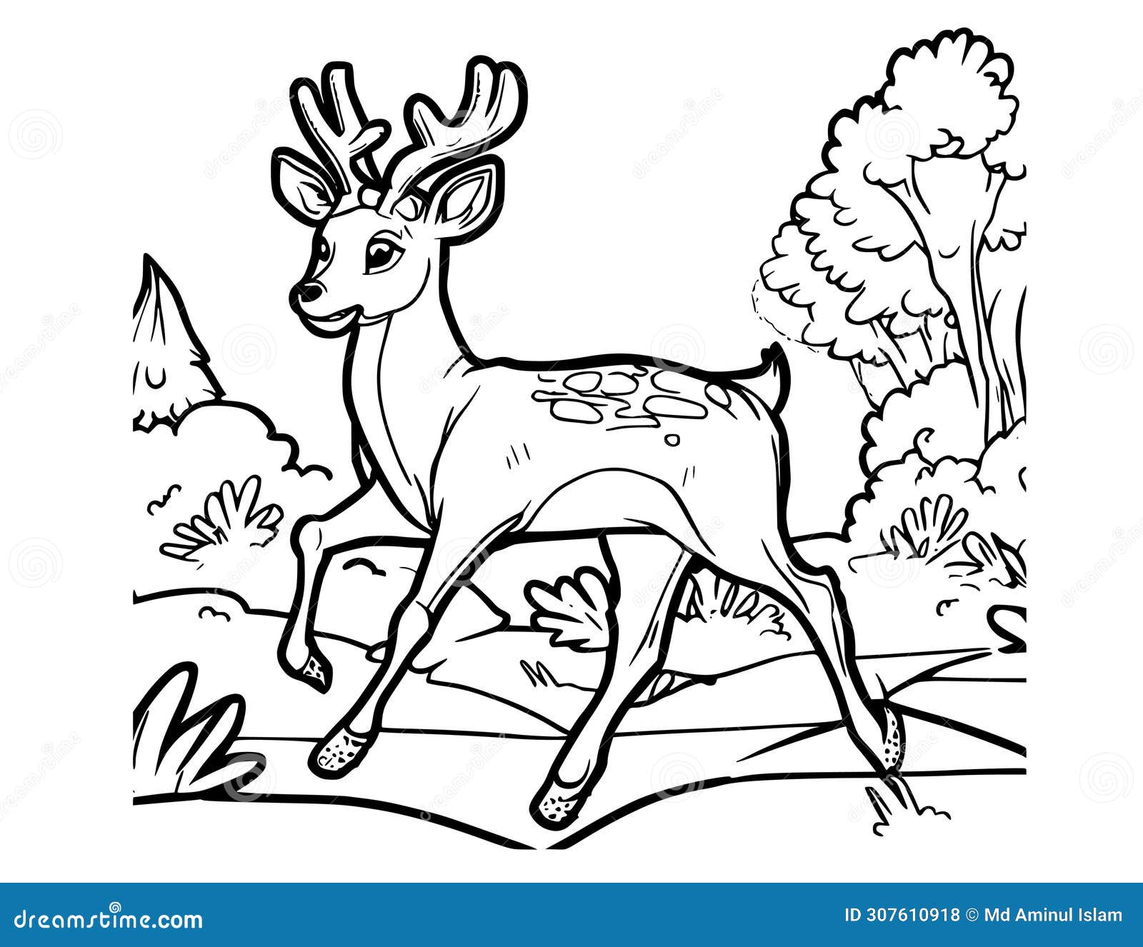 Deer Walking in the Forest Coloring Page for Kids Stock Illustration
