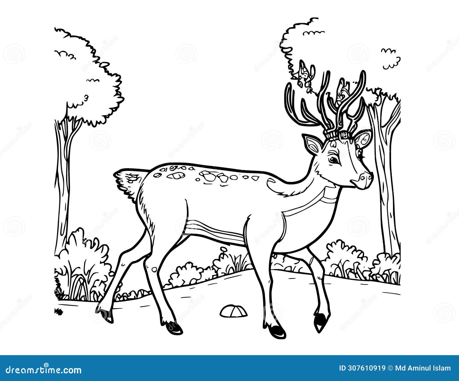 Deer Walking in the Forest Coloring Page for Kids Stock Illustration