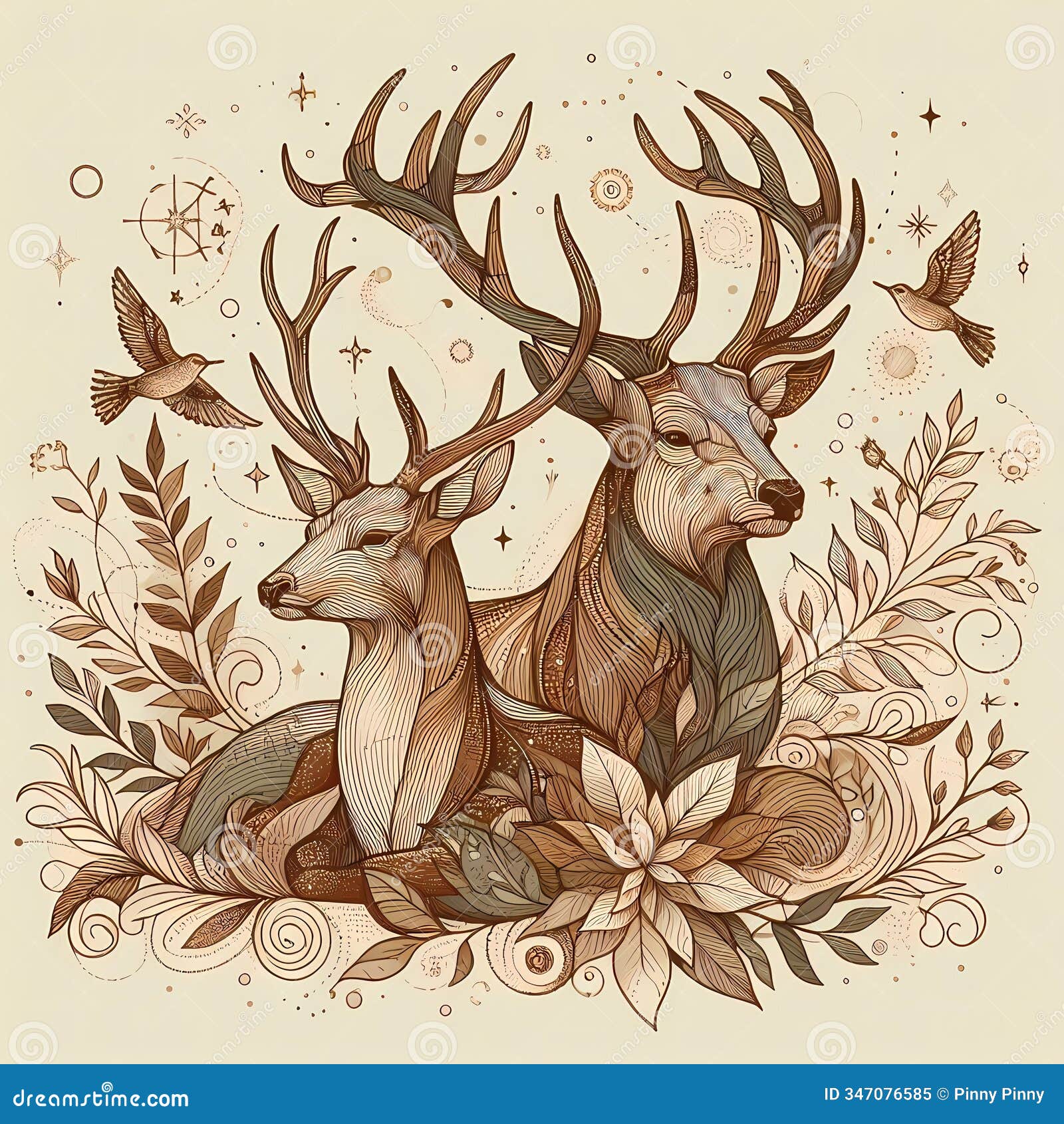 the deers surrounded by flowers and leaves, with flying birds, earthy tones, magical touch, forest animal, wallart painting