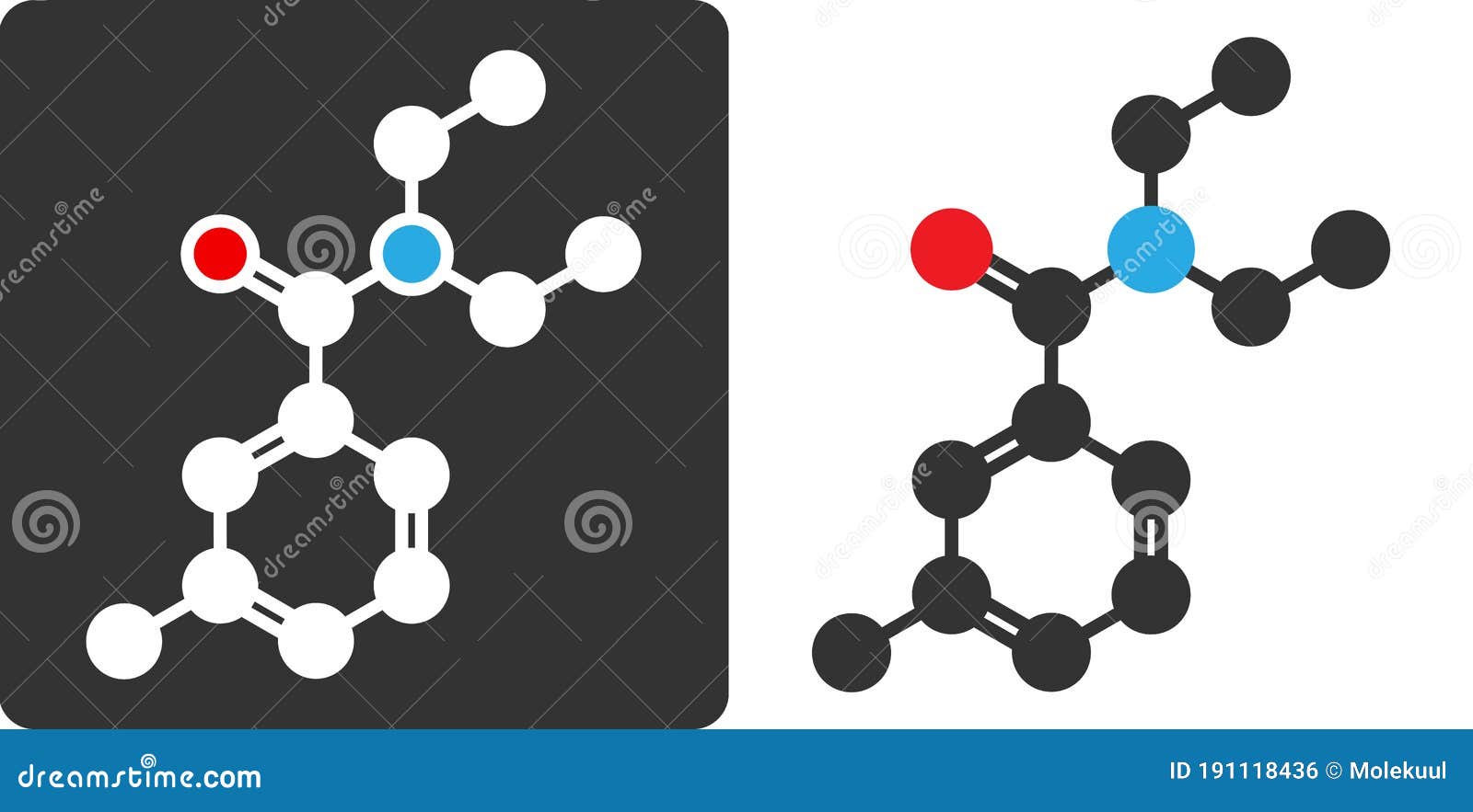 deet (n,n-diethyl-meta-toluamide) insect repellent molecule, flat icon style. atoms shown as color-coded circles (oxygen - red,