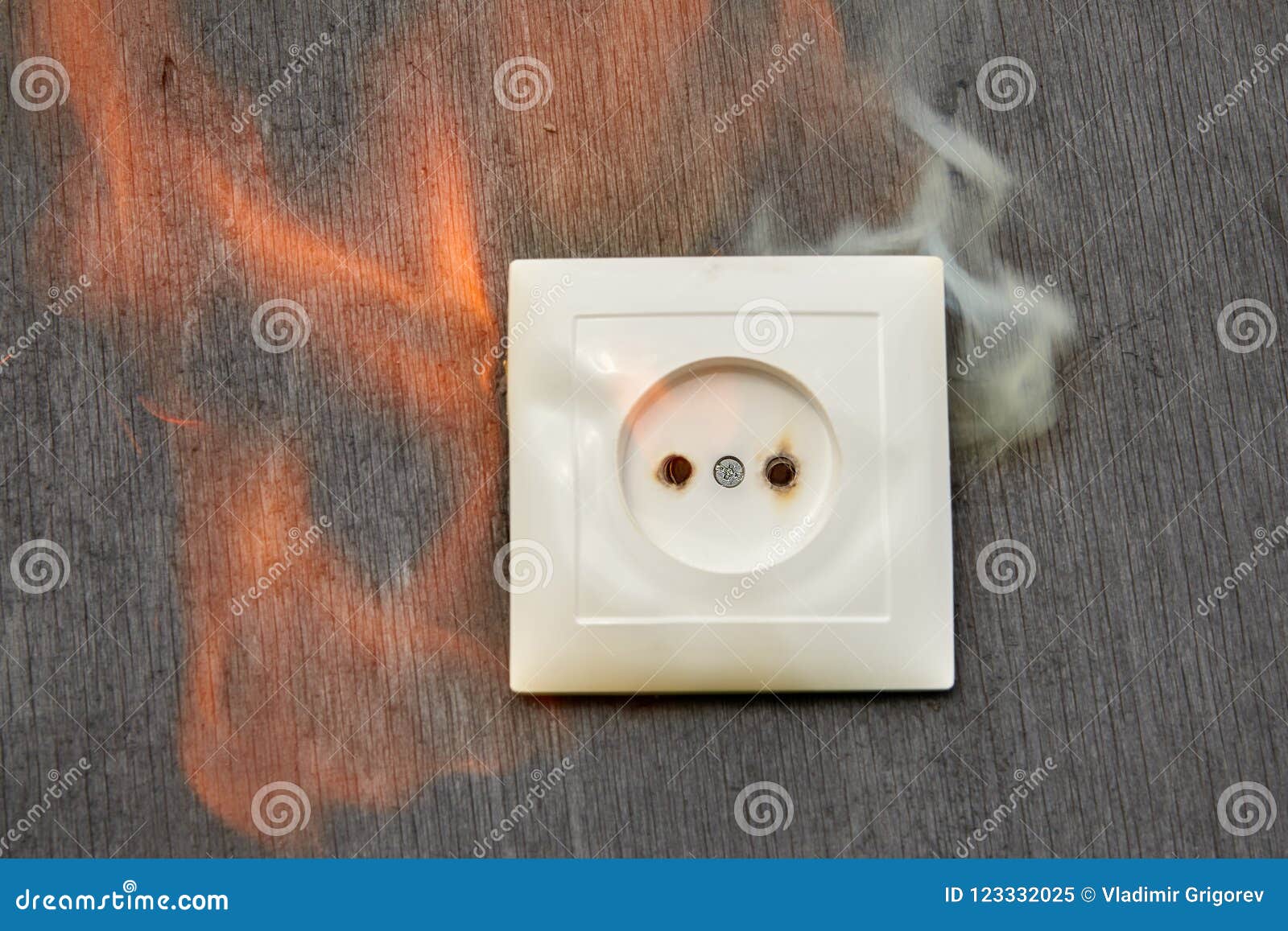 Defective Wiring, Fire Plastic Wall Outlet. Stock Image Image of
