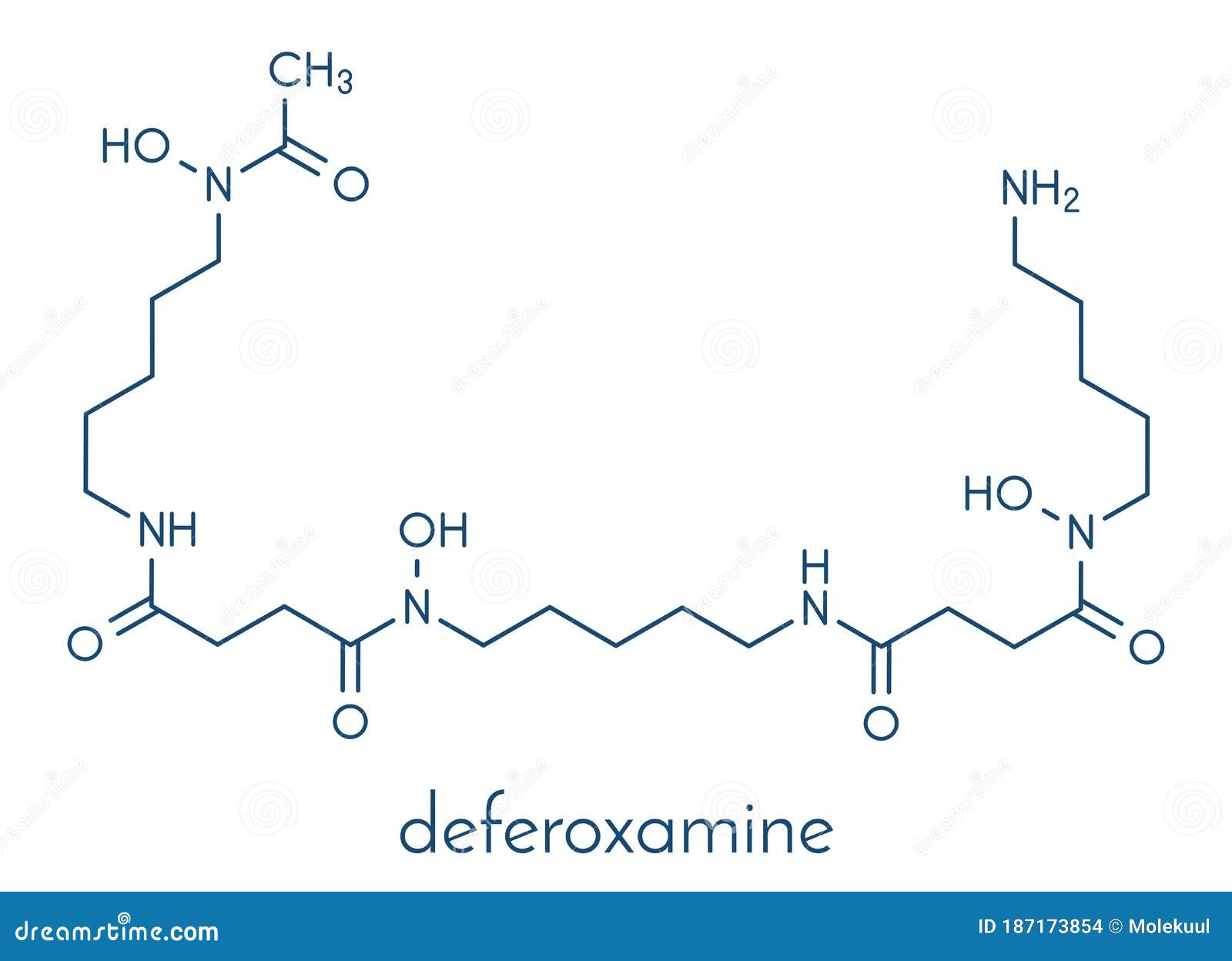 deferoxamine drug molecule. used to treat iron poisoning hemochromatosis. skeletal formula.