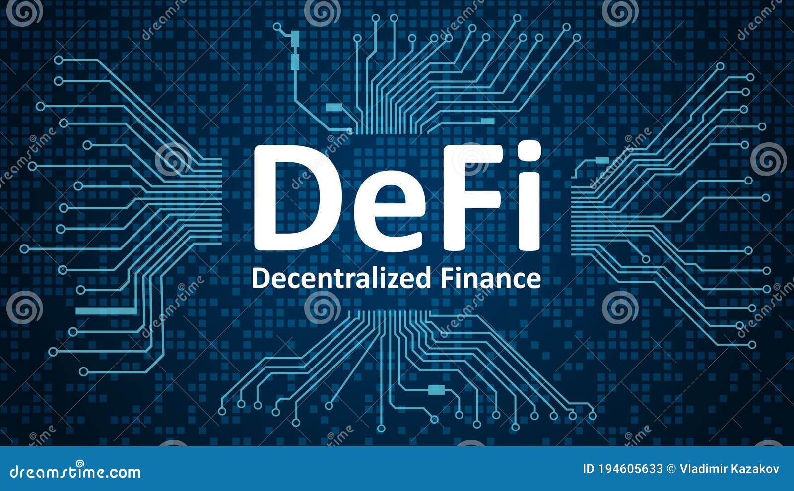 defi - decentralized finance, white text on blue background with printed circuit board.