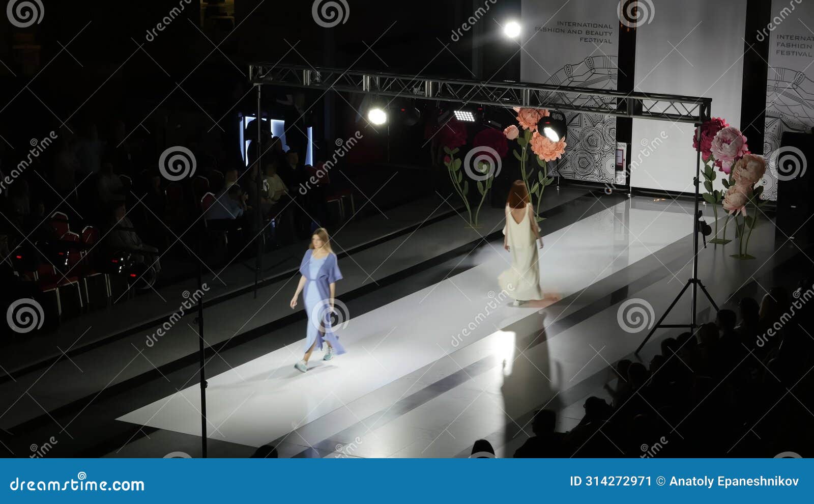 defile attractive girl close up colorful dress on catwalk model show vogue 4k.