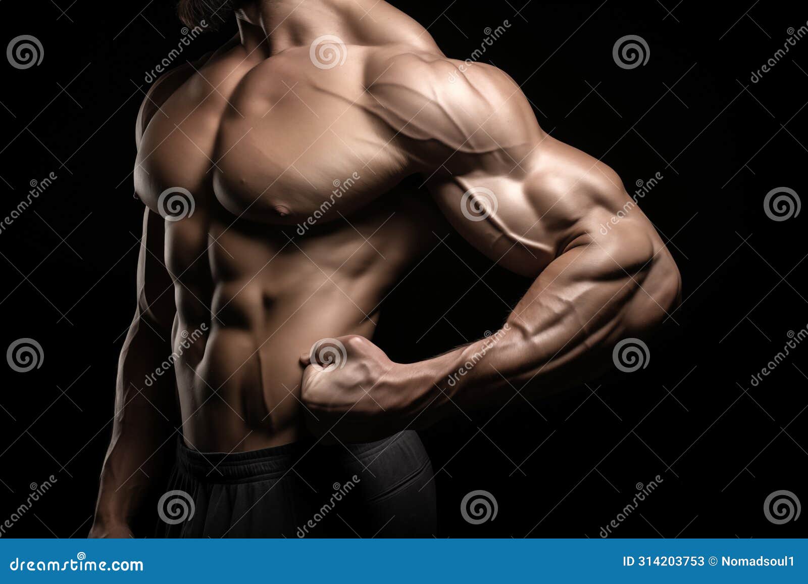 defined man biceps on black background. generative ai