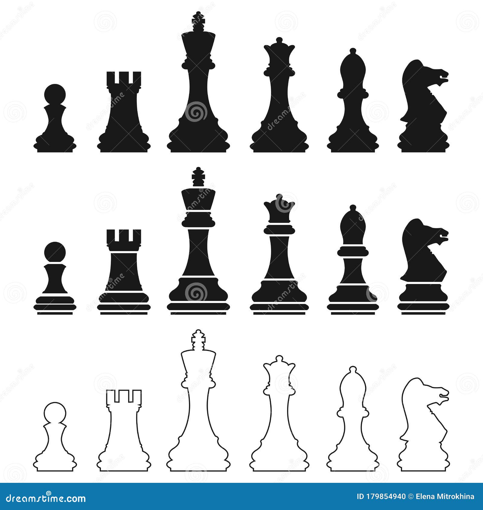 Ícones de peças de xadrez com nomes. jogo de tabuleiro. silhuetas de xadrez  preto isoladas no fundo branco.