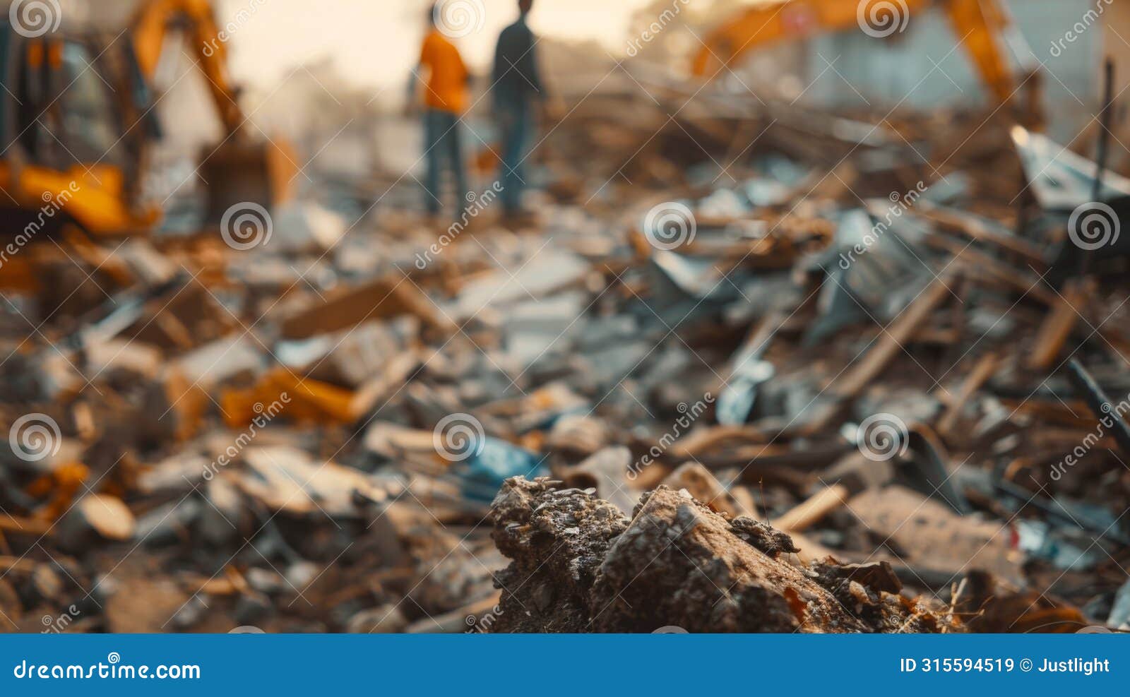 defocused devastation amidst a blurry backdrop of ruined buildings and debris a team of humanitarian workers tirelessly