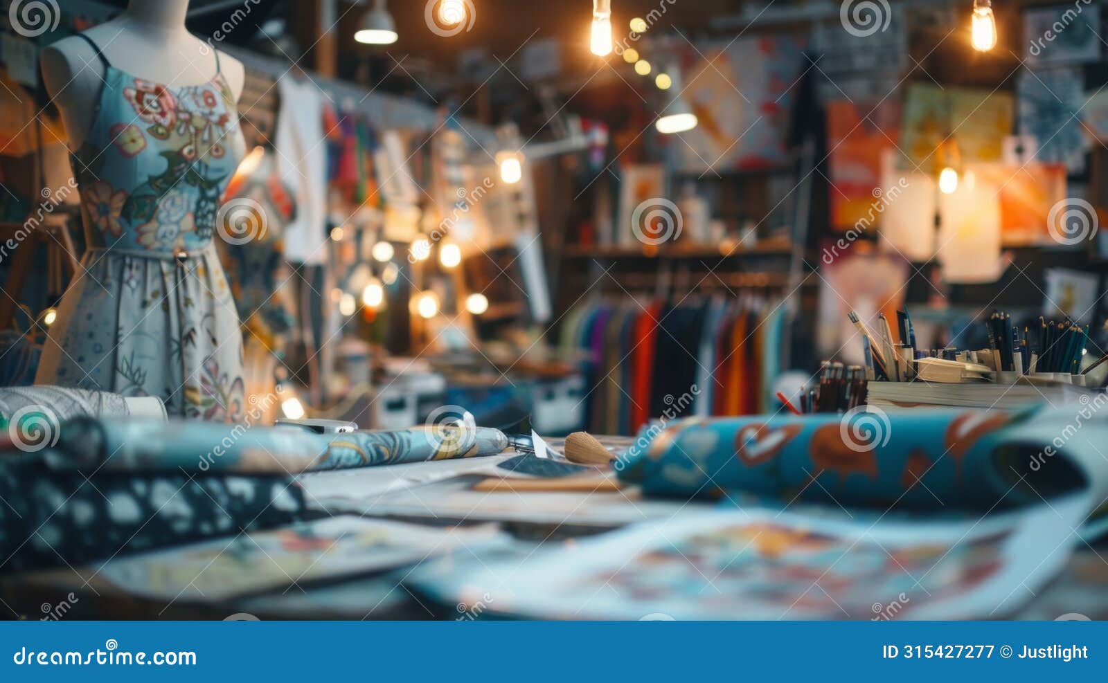defocused lights glimmer behind a cluttered workshop revealing a canvas of swirling sketches and colorful fabric