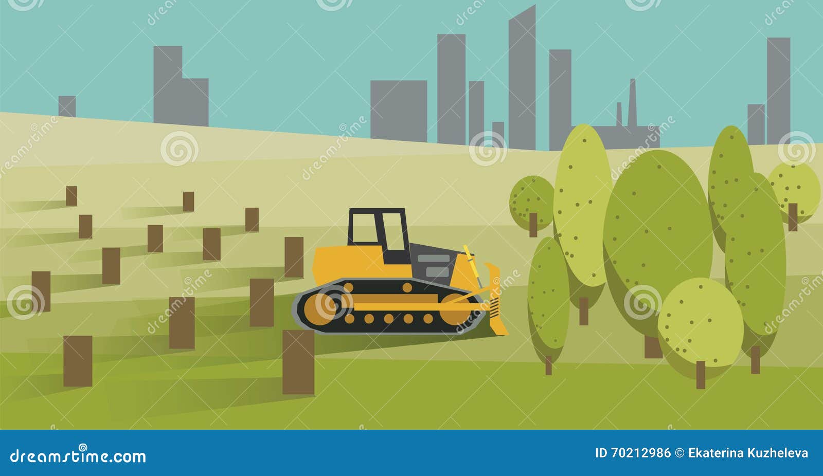 deforestation with yellow bulldozer.  