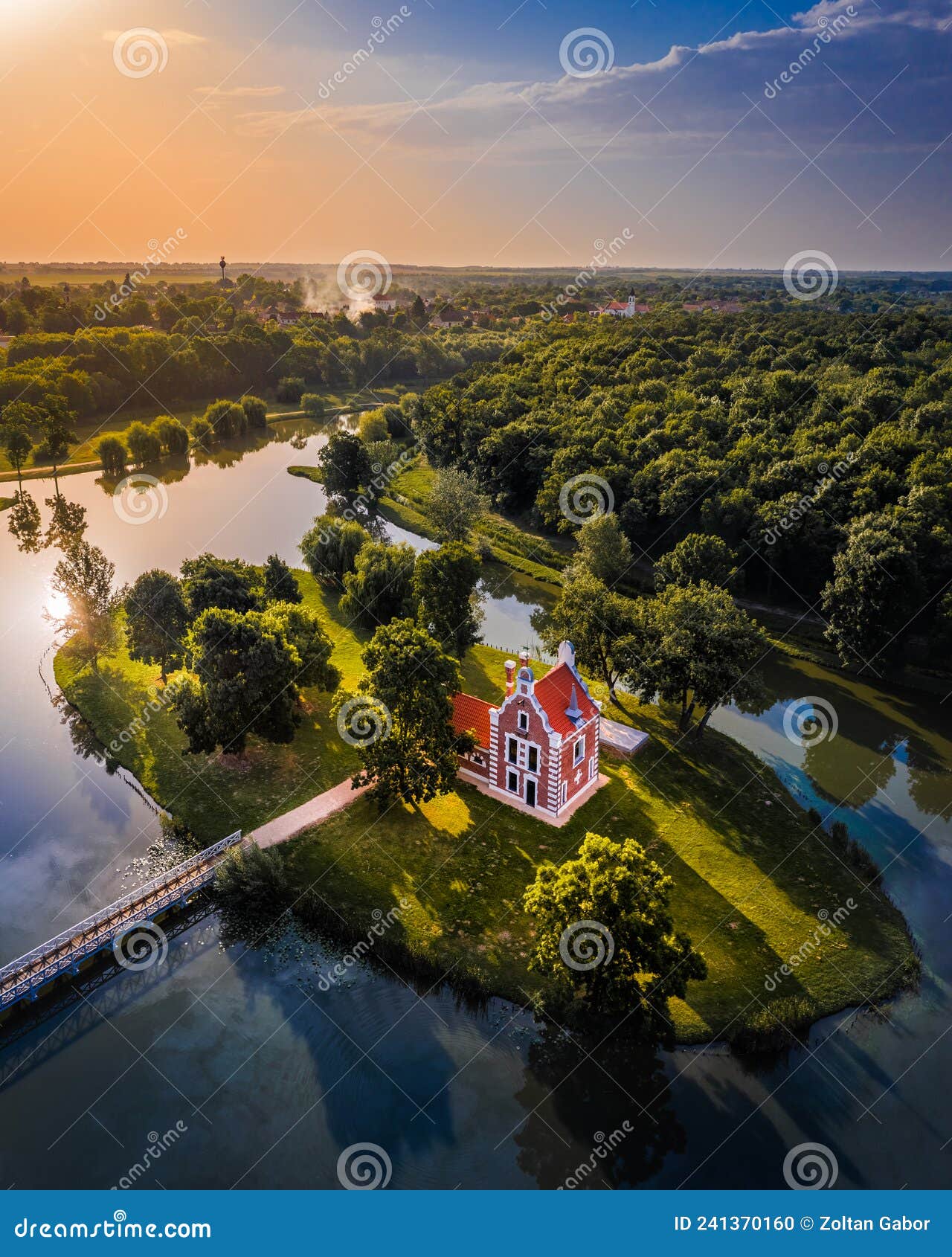 deg, hungary - aerial panoramic view of the beautiful holland house hollandi haz on a small island at the village of deg