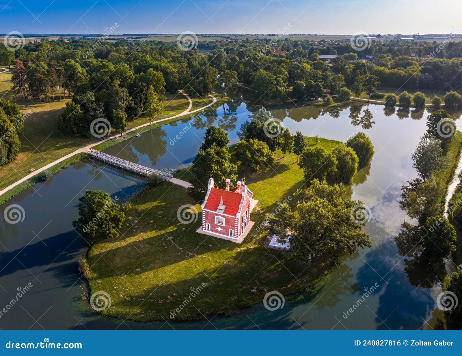 deg, hungary - aerial view about the beautiful holland house hollandi haz on a small island at the village of deg at summer