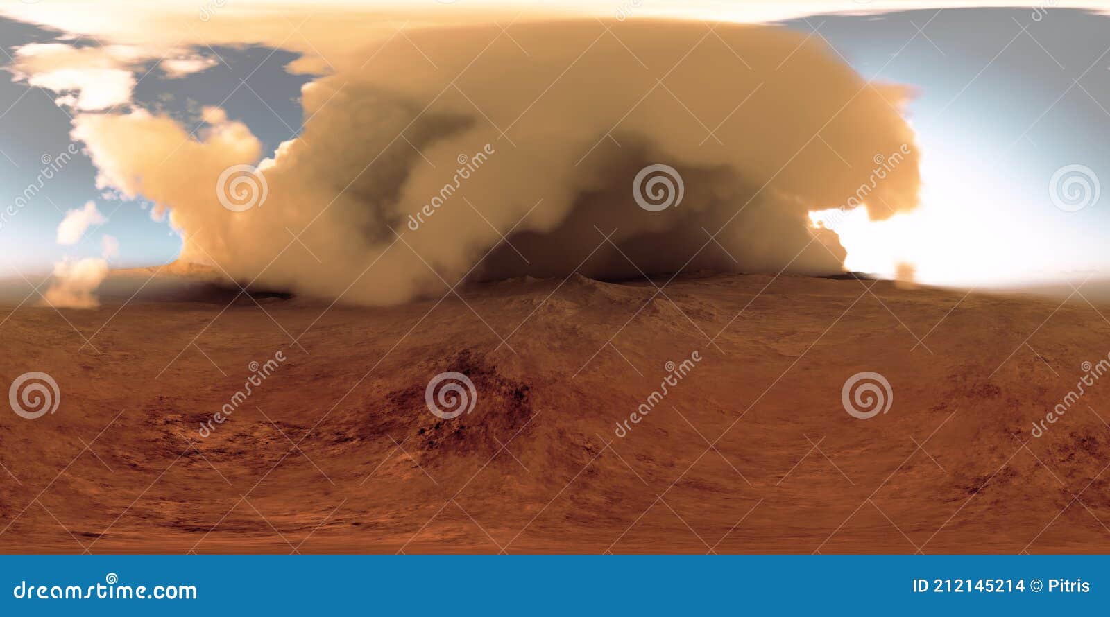360 degree panorama of the massive dust storm sweeping across surface of mars. martian landscape, environment hdri map.