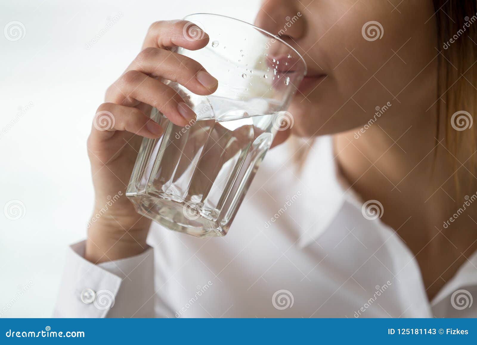 dehydrated woman feeling thirsty holding glass drinking water, h