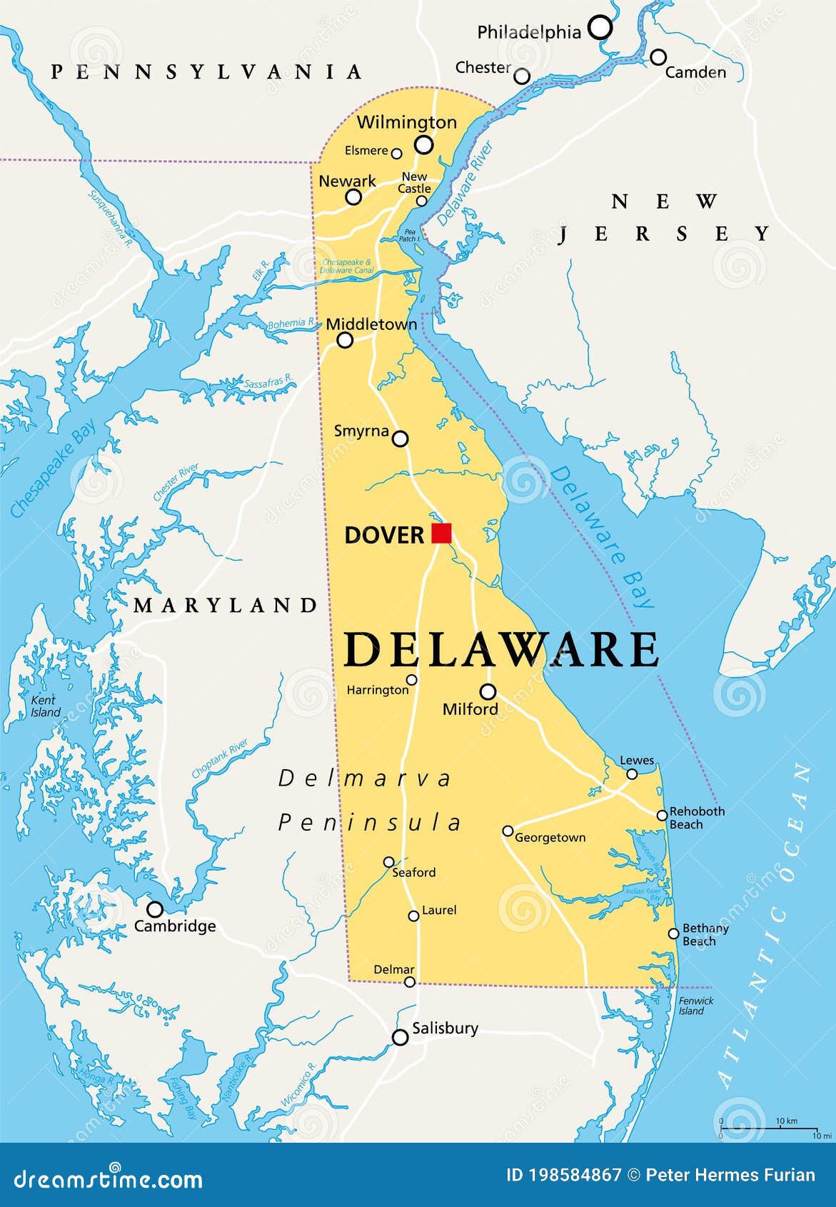 Delaware De Political Map First State Mid Atlantic Region United States America Capital Dover Small Wonder Blue Hen 198584867 