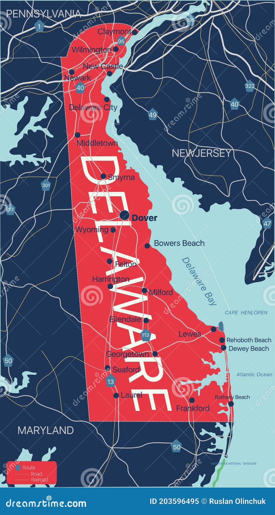 Delaware State Detailed Editable Map Cities Towns Geographic Sites Roads Railways Interstates U S Highways Vector Eps 203596495 