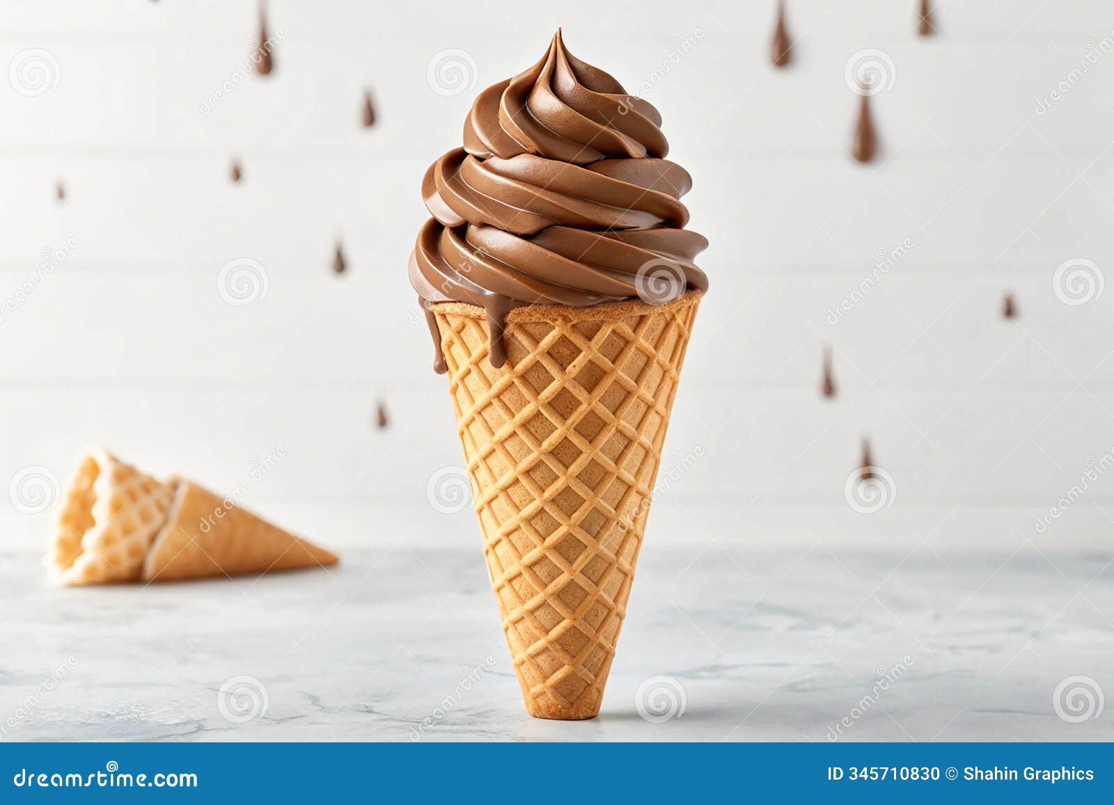 chocolate flavour soft serve ice cream in waffle cone  