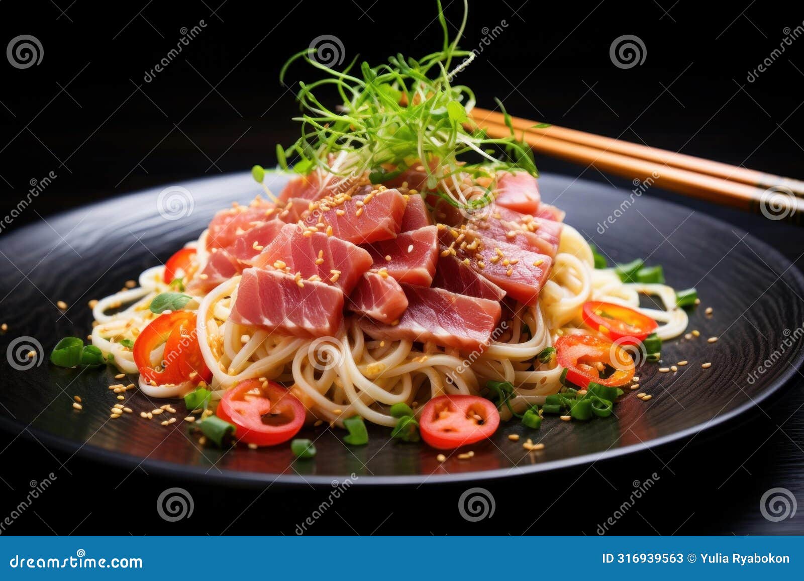 delectable sashimi tuna noodles. generate ai