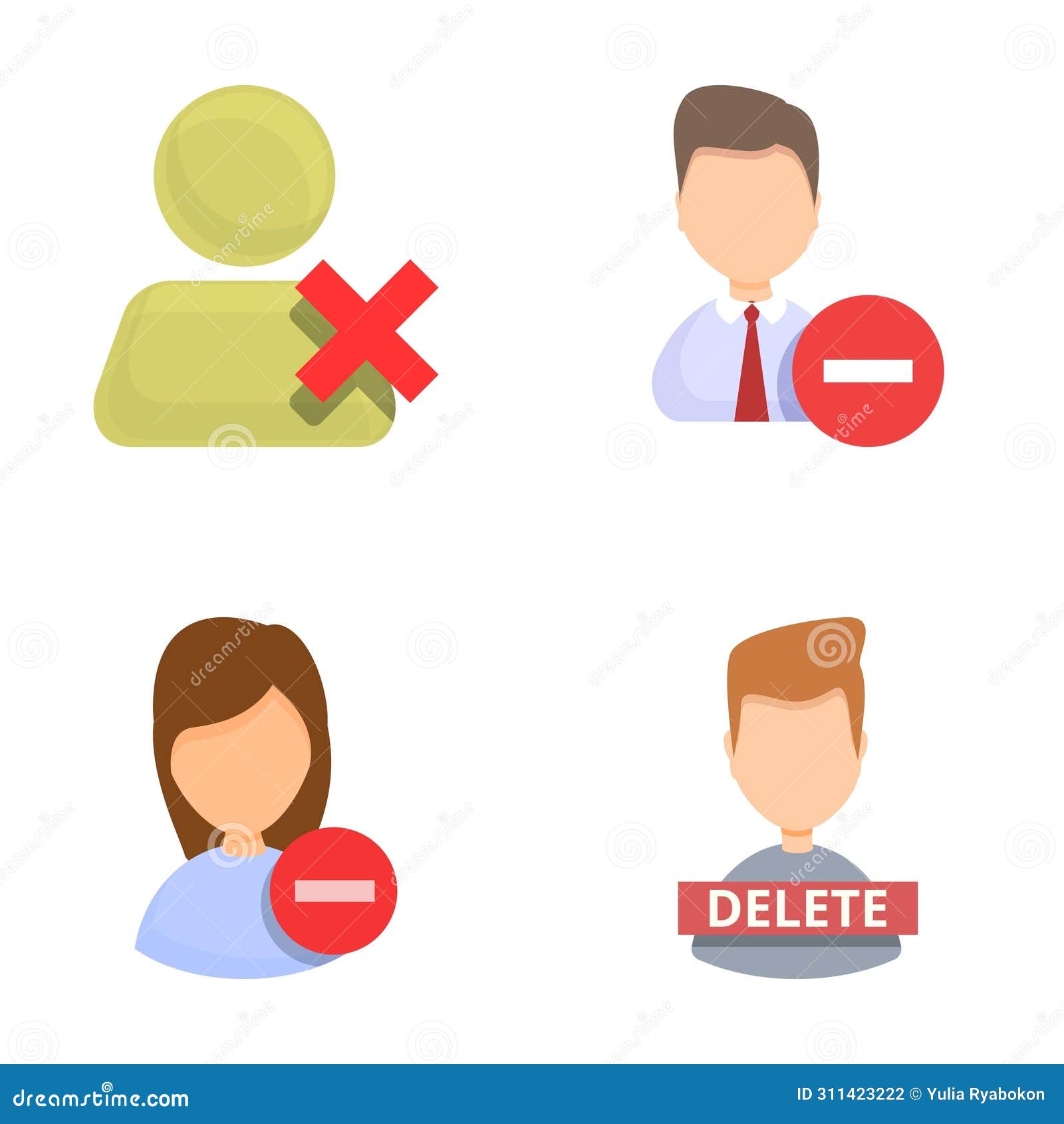 delete user icons set cartoon . account cannot be accessed or used