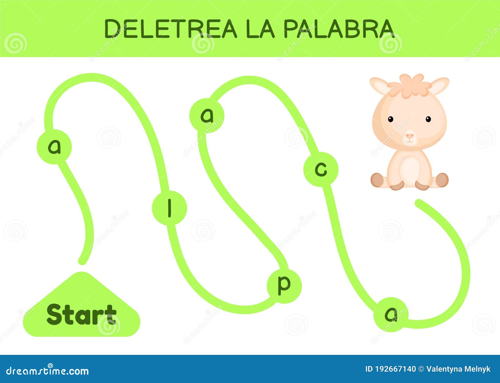 deletrea la palabra - spell the word. maze for kids. spelling word game template. learn to read word alpaca. activity page for