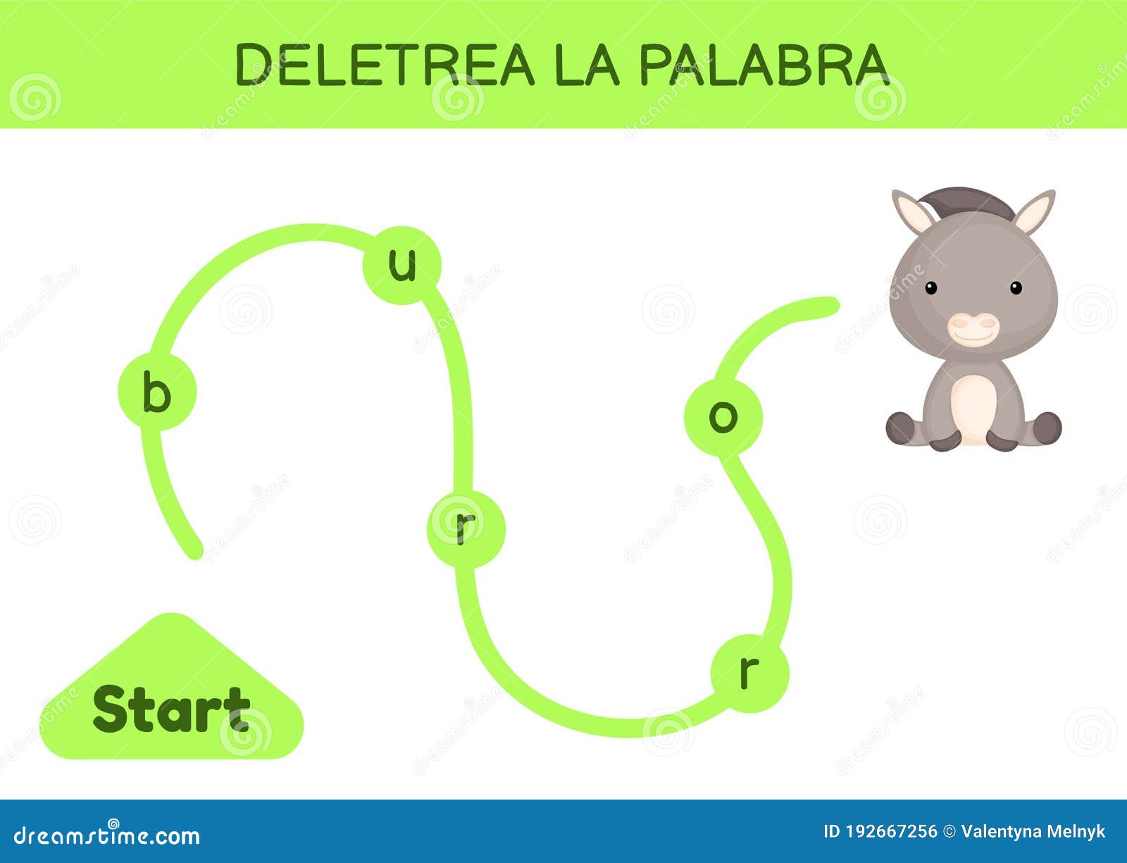 deletrea la palabra - spell the word. maze for kids. spelling word game template. learn to read word donkey. activity page for